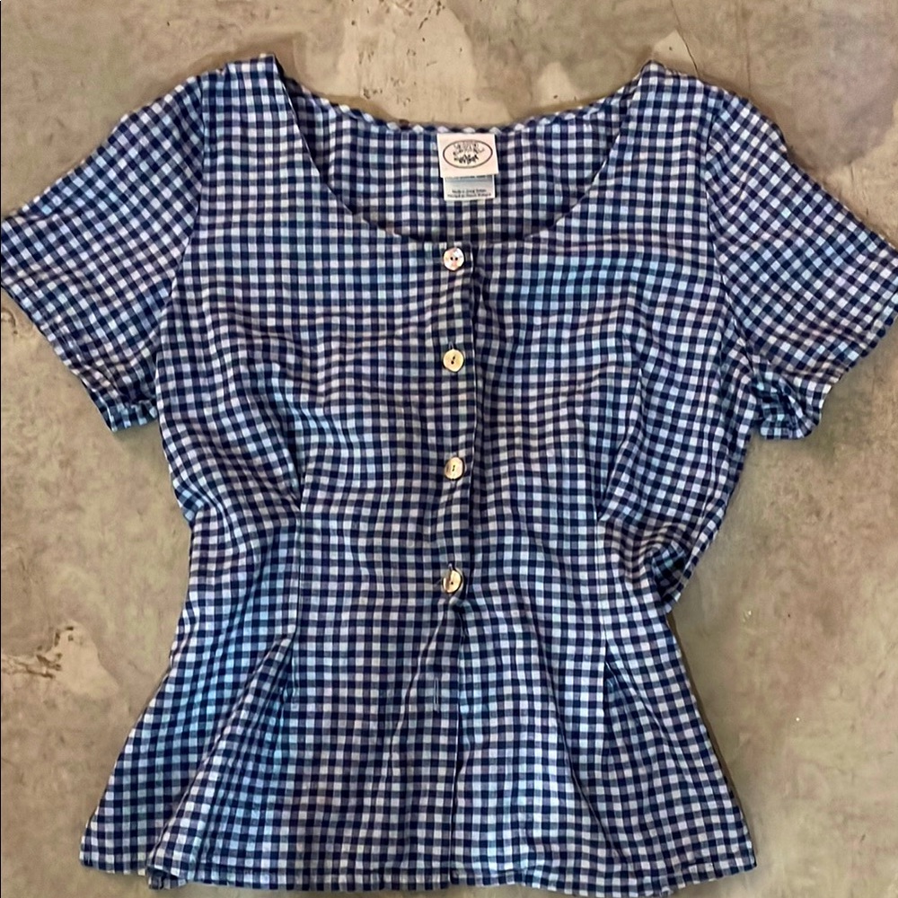 Laura Ashley Blue Gingham Button-Up Top - VINTAGE